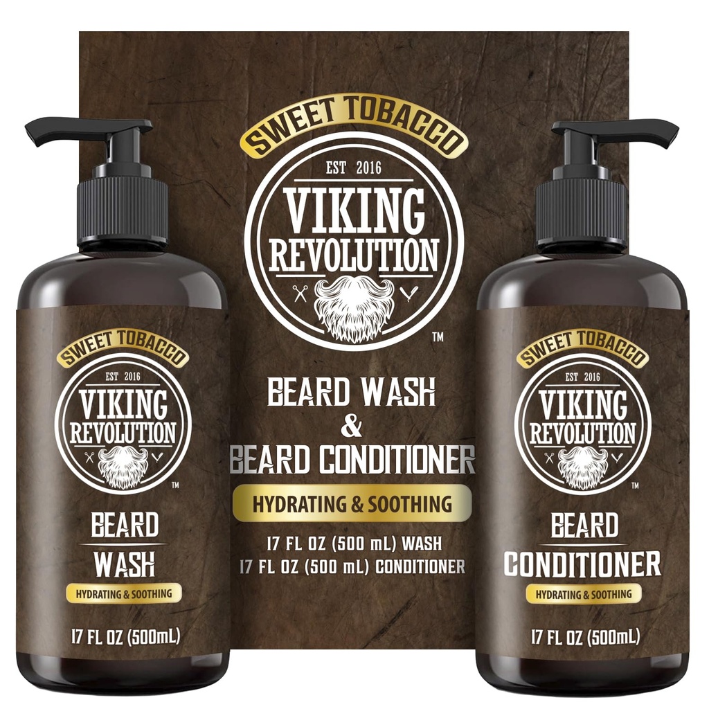 Viking Revolution Beard Wash and Beard Balsam pentru barbati cu ulei de argan si ulei de jobba - Beard Softener si intaritor Beard Care Shampoo si Balsam cu ulei de barbă (17oz, Sweet Tobacco)
