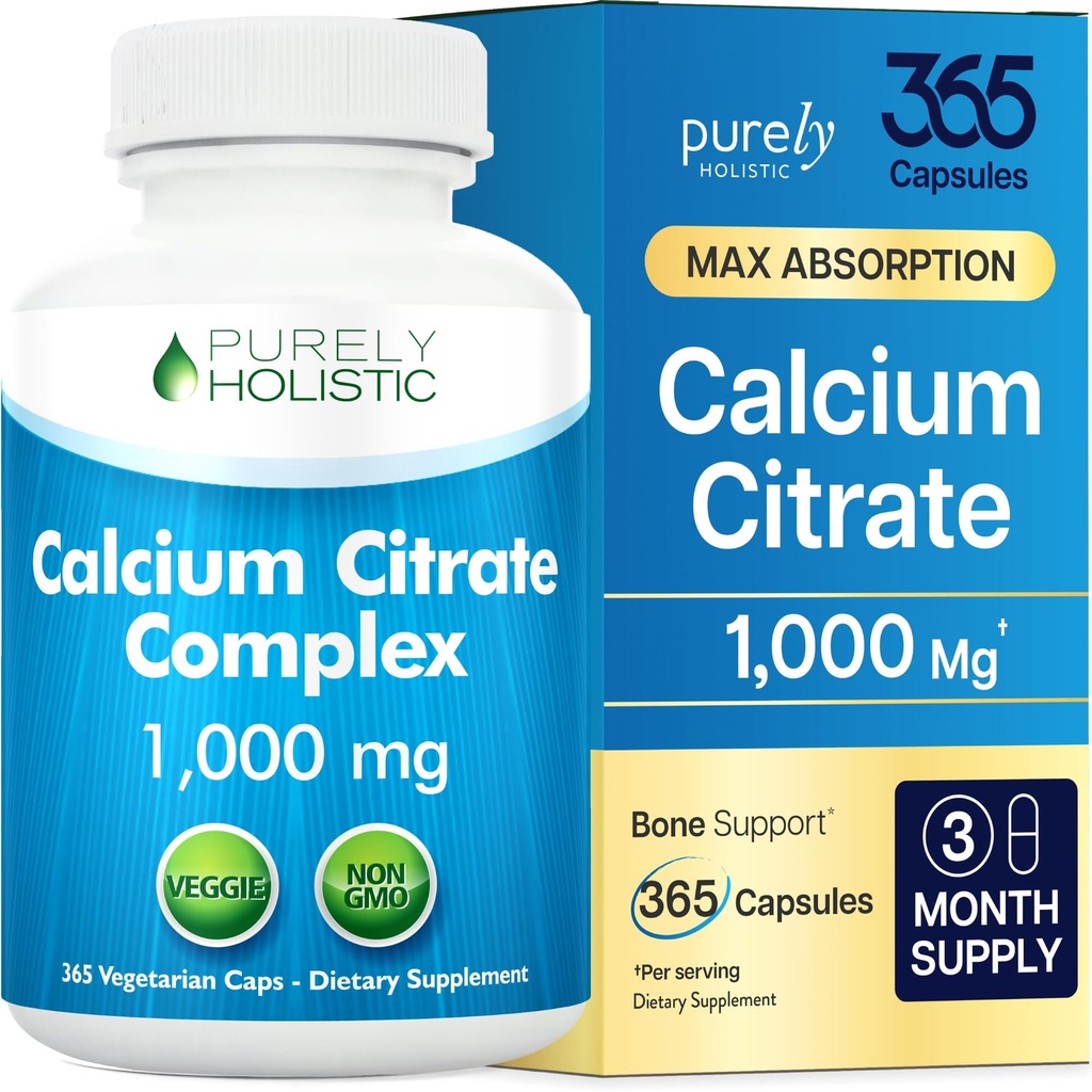 Citrate de calciu 1000mg - 365 capsule Vegane nu tablete cu paine prajita adaugata, dandelion si cresta de apa - fara vitamina D - fabricate in Statele Unite ale Americii de Holistic pur