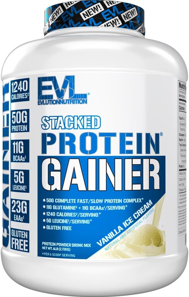 Evlution Nutrition Stacked Proteine Gainer, 50 Grams Whey Complexul de praf de proteine, 251 Grams Carbohidrats, Build Muscle, Recuperare, Post Workout, Gluten-Free (Vanilla Inghetata, 6 LB)