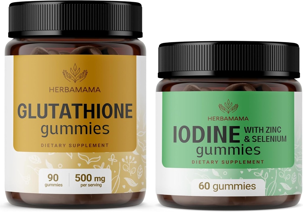 HERBAMAMA Glutatione and Iodine Kit - Bundle of 500 mg Reducere L-glutatione & Potasiu Iod Gummies - Vegan, Non-GMO, Gelatină-Free - 2 Pack