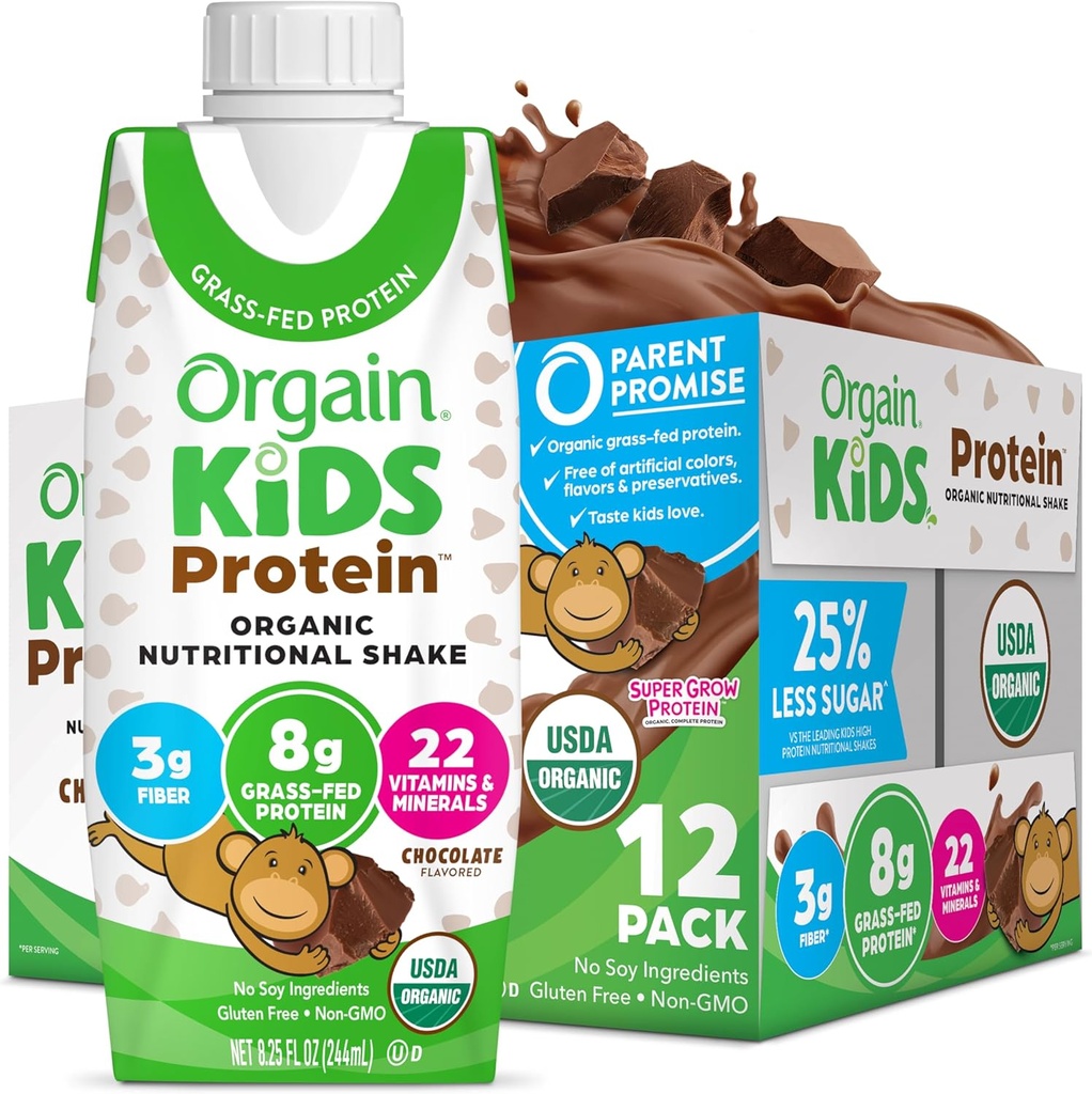 Orgain Organic Kids Proteina nutritional Shake, Ciocolata - 8g de proteine, 22 vitamine si minerale, fructe si legume, Gluten gratuit, Soy Free, Non-GMO, 8.25 Fl Oz (Pachet de 12)