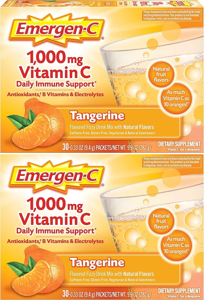 Emergen-C 1000mg Vitamina C pulbere, cu antioxidanți, vitamine B și electroliți, suplimente de vitamina C pentru suport imunitar, Cafeina băutură fără amestec, Tangerine Aroma - 60 Conte/2 lună de aprovizionare