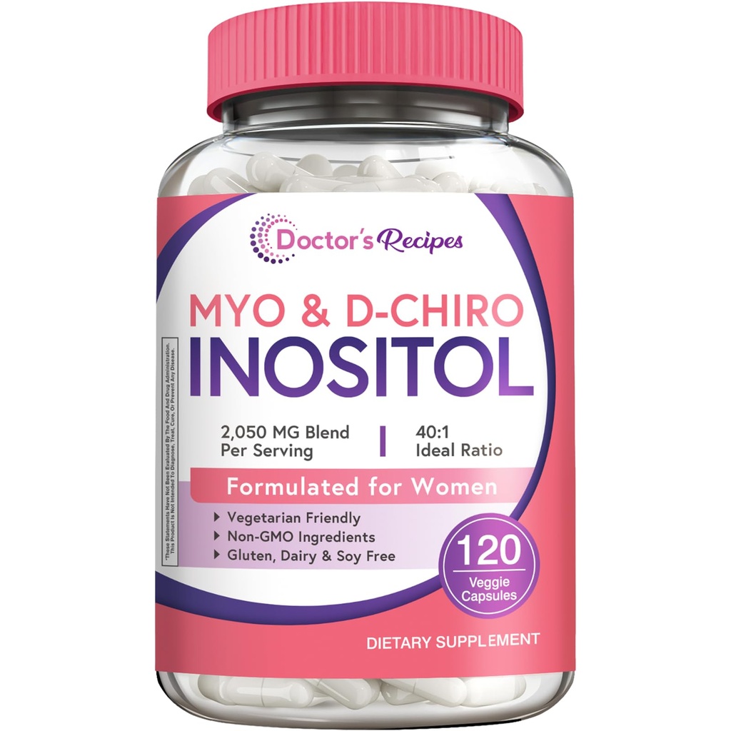Medic Retete Inositol Supliment, Myo-Inositol & D-Chiro Inositol Capsule 2050mg per Serving, Ideal 40:1 Blend, Hormone Balanta pentru Femei, Functie ovariana & Suport Fertilitate, 120 Vegan Caps