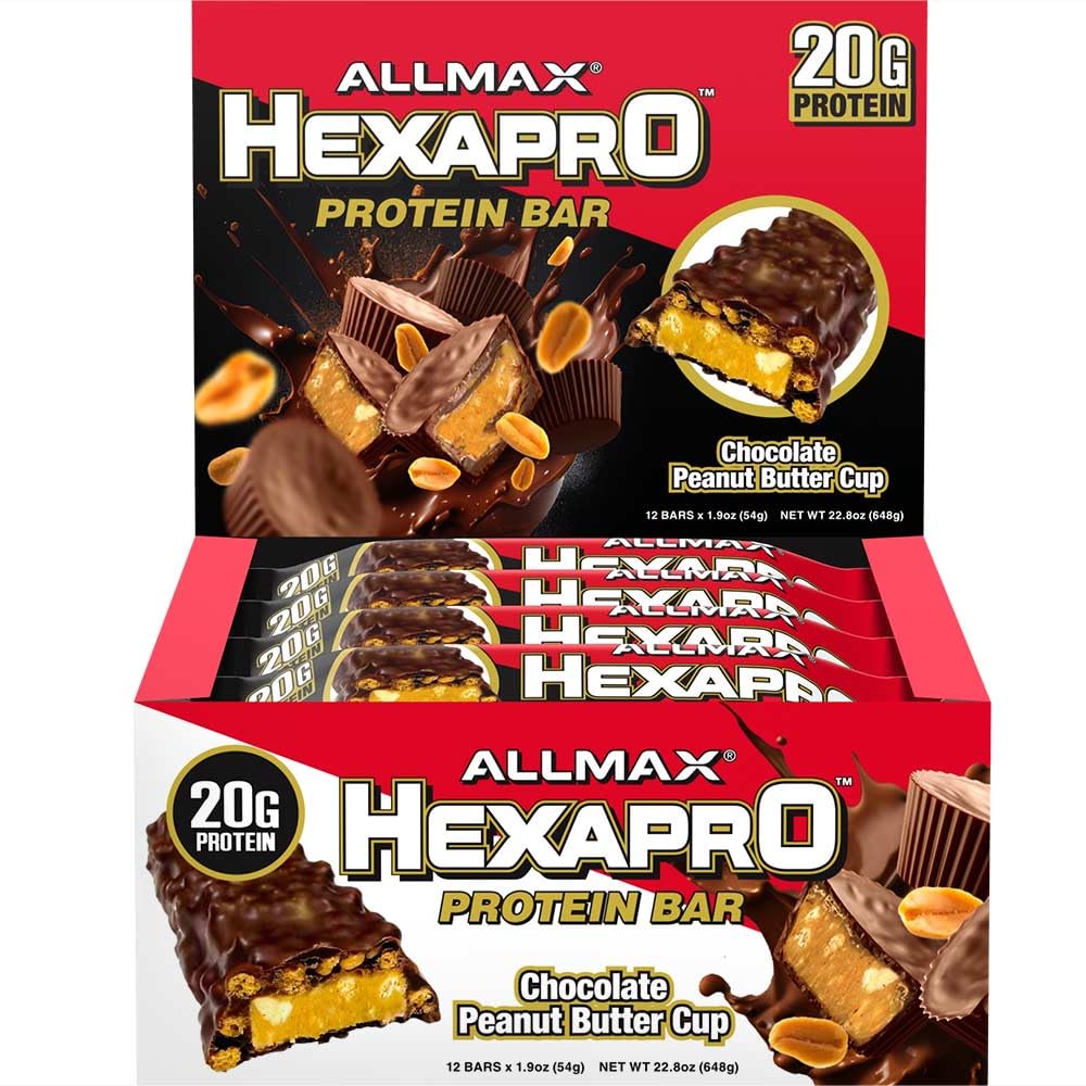 ALLMAX HEXAPAPRO PROTEIN BAR, Ciocolata Peanut Butter Cup - Pachet de 12 - High-Protein Energy Snack - 20 g de Proteina Per Bar - Cu Proteina Whey Izolat