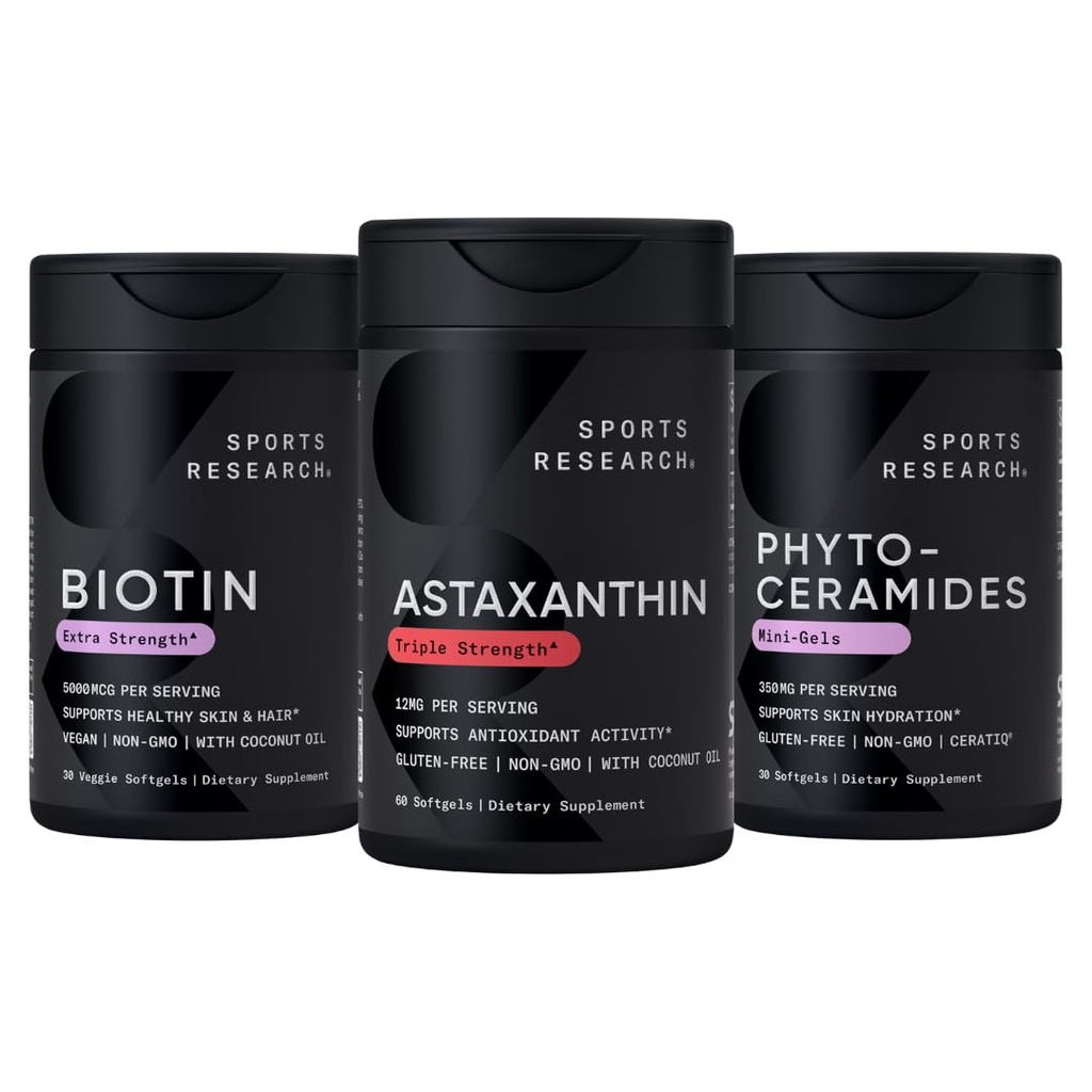 Sports Research® Sanatos Skin and Hair Support - Vegan Biotin 10.000mcg cu ulei de cocos, Triple Putere Astaxantină 12mg, și Fitoceramide 350mg pe Softgel · Non-GMO · Vegan · Gluten-Free