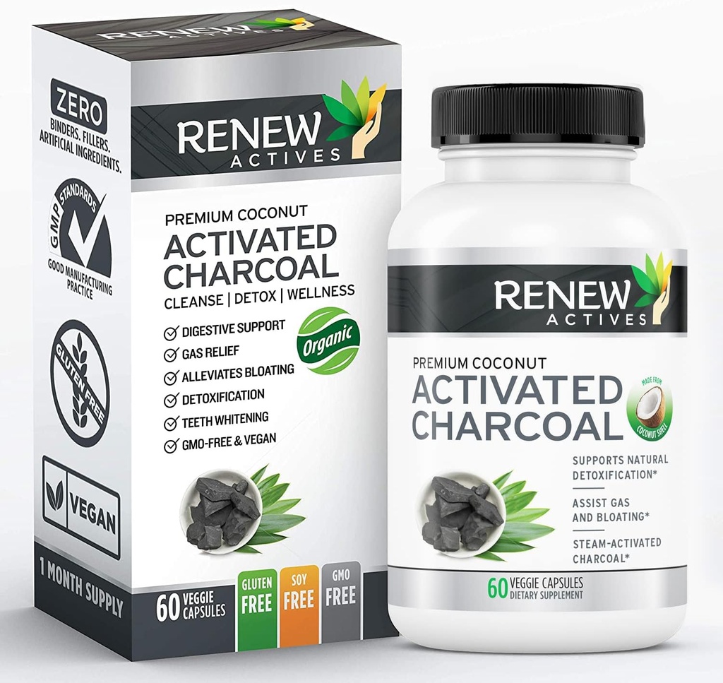 Active reactive activate Supliment 1100MG Charcoal pe 2 capsule - Suport digestiv & Formula de albire dinti, Nu Ingrediente artificiale - Made in Canada - 60 Capsule