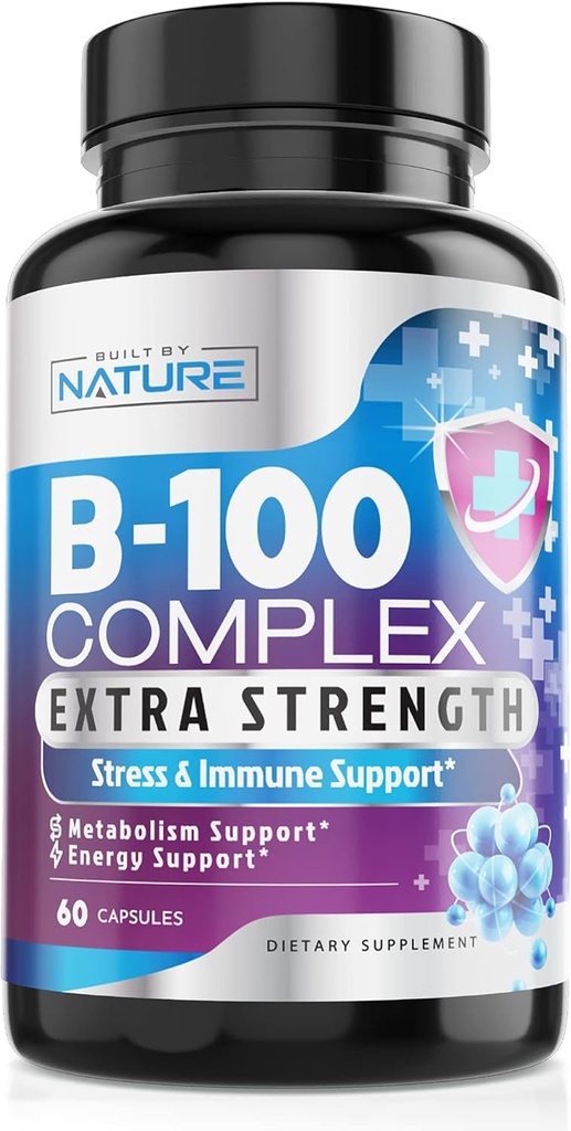 Vitamina B Complex - Toate vitaminele B B B1, B2, B3, B5, B6, B7, B9, B12, Acid folic, Vitamina C - Super B-100 Supliment - Immune, Energie și suport metabolic, Vegan, Non-GMO, Gluten Free, 60 Capsule