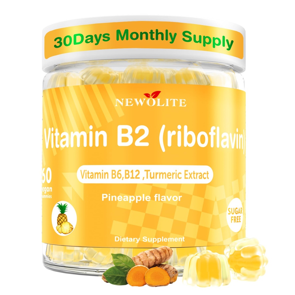 Vitamina B2 Gummies Riboflavin 400mg pentru barbati Chewable B2 Vitamine pentru adulti cu B Complex Extract Turmeric pentru Digestive Comfort, Suport Sistem nervos, Vegan, Sugar-Free, Ananas Flavor,60 Conte