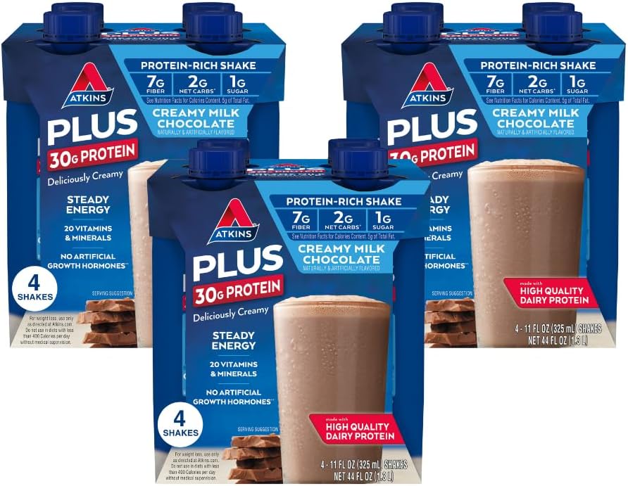 Atkins Creamy Milk Chocolate PLUS Proteine Shake, 30g Proteine, 7g Fibră, 2g Net Carb, 1g Zahăr, Keto Friendly, carbohidrat scăzut, băutură proteică mare, 12 Conte