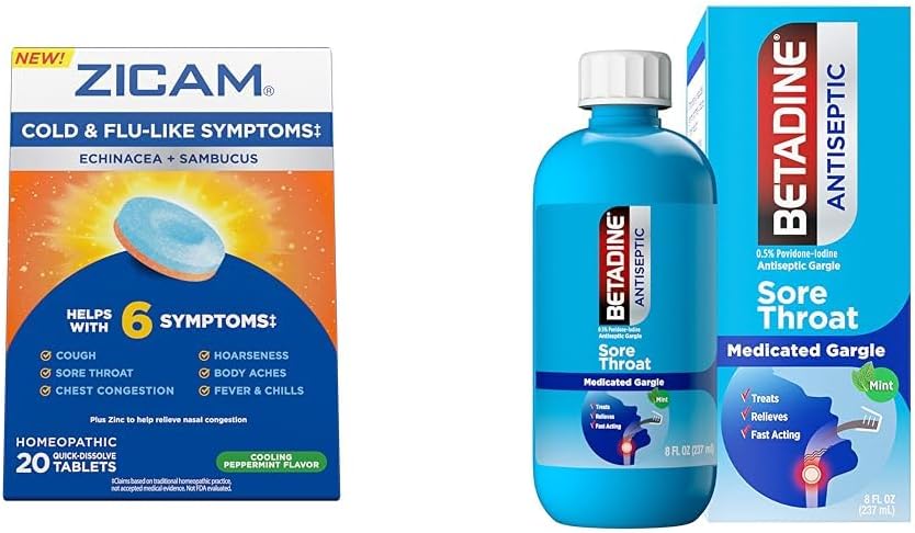 Zicam Simptome Rece Relief cu Betadine Sore Ghroat Gargle, Echinacea & Sambucus Homeopatic Tablets, 20 Conte & 8 FL OZ