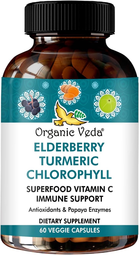 Ecologic Veda Elderberry Curberic Clorofill Supplement Immune Supplement - Superfoods Antioxidanti, Green Vitamina C, Extract de semințe de struguri, Acerola, Moringa & Papaya Enzymes - 60 Vegan capsule