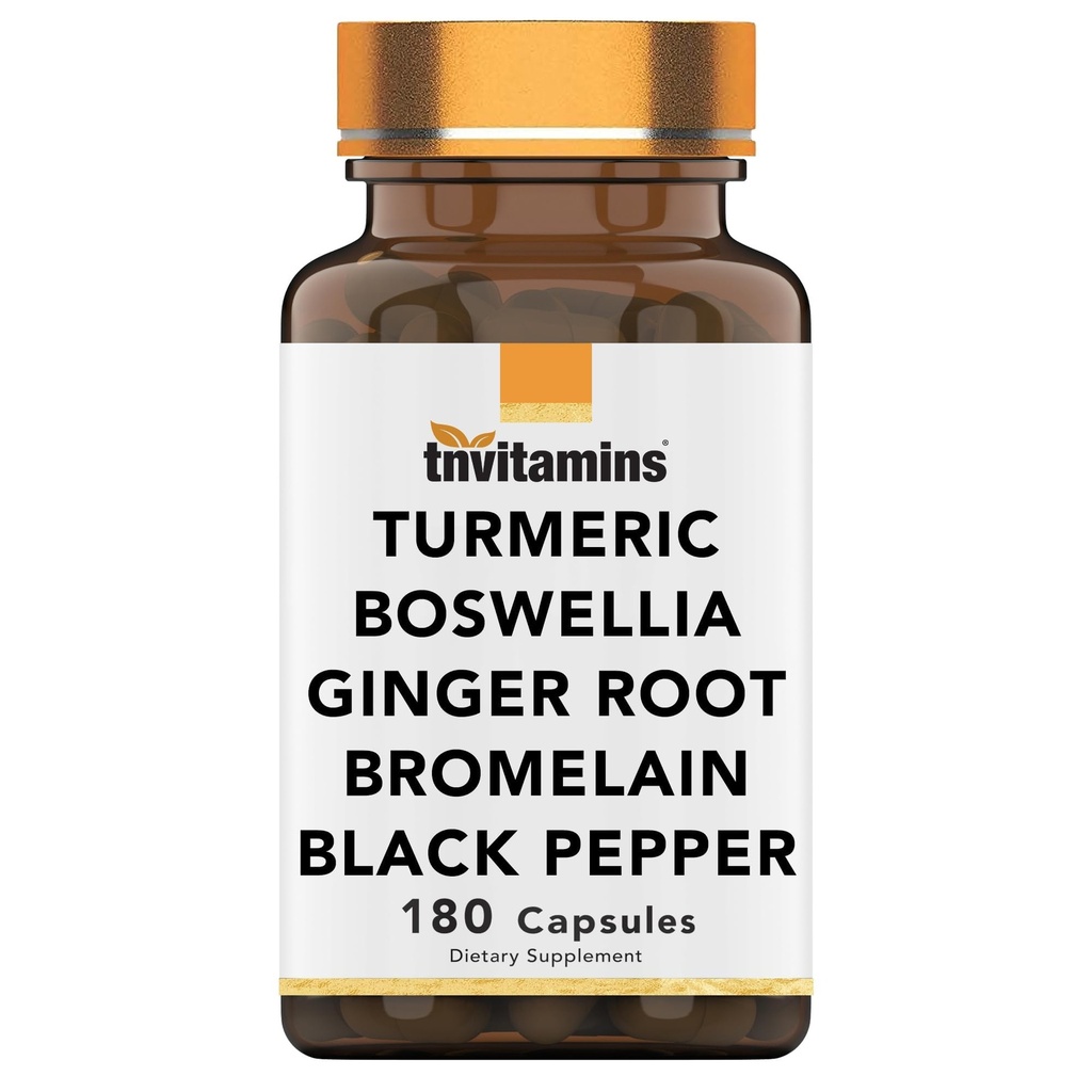 Tnvitamine Complex Turmeric & Boswellia (180 capsule) cu rădăcină de ghimbir, Bromelain, & Black Pepper Extract 