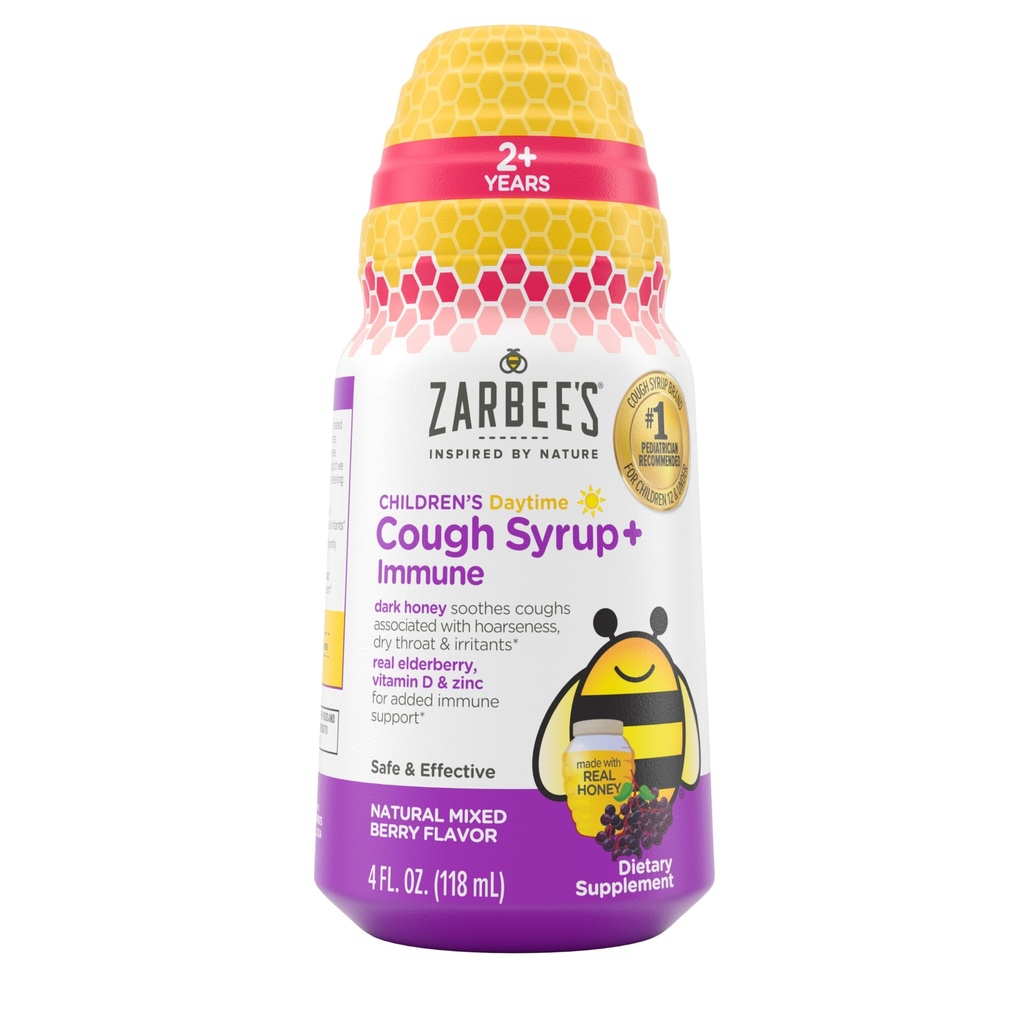 Zarbee's Children's Daytime Honey Cough Syrup + Imuna pentru copii 2+, Tuse Syrup cu miere neagră Soothing, Elderberry Real, Vitamina D & Zinc, D & Alcohol-Free, Berry mixt, 4 fl. oz