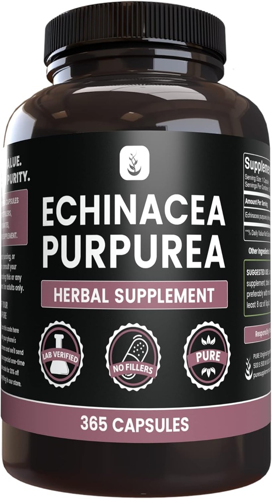 INGREDIENTE ORIGINALE Echinacee Purpurea (365 capsule) Fără magneziu sau fillere de orez, întotdeauna pure, verificate