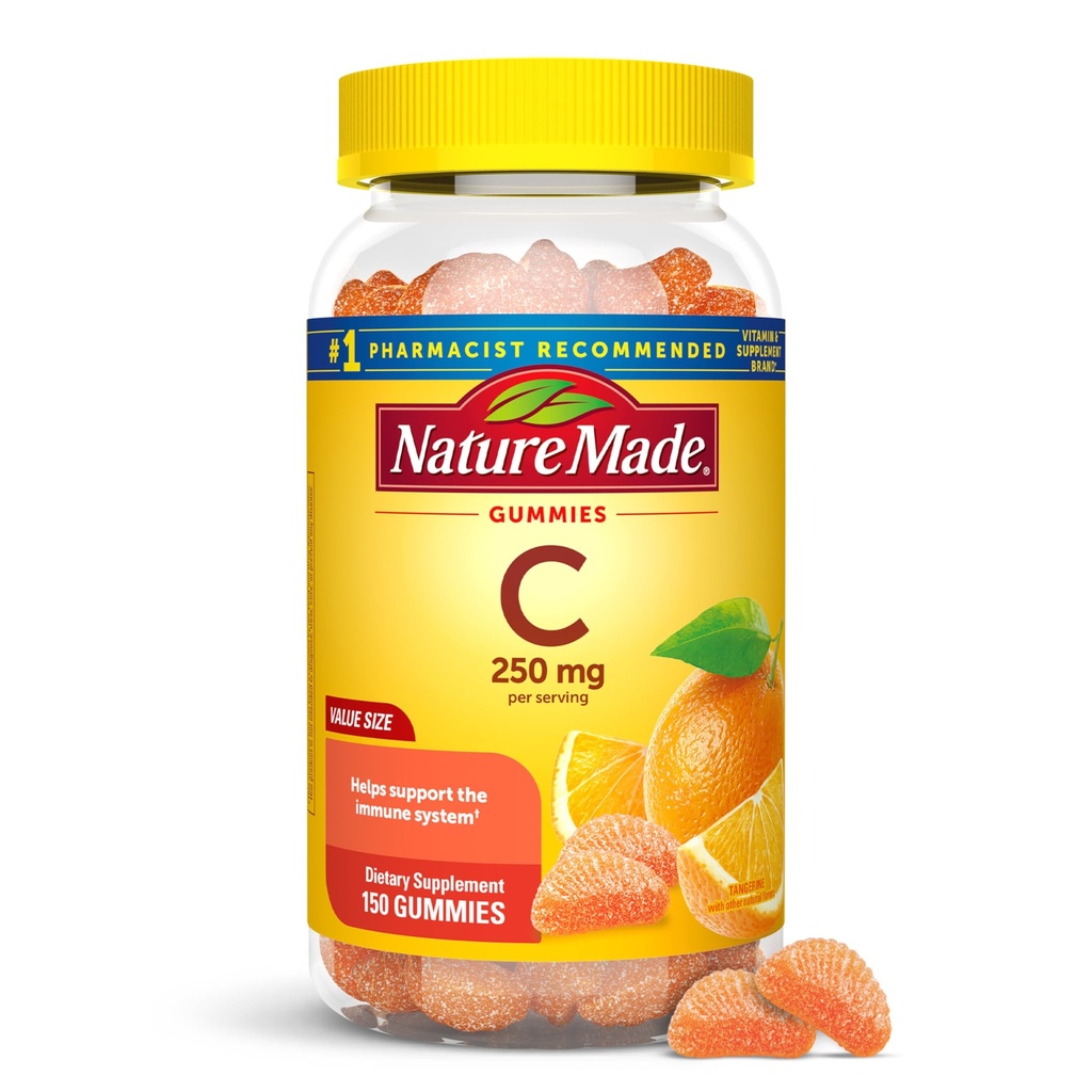 Natura făcut vitamina C 250 mg per servire, Supliment alimentar pentru suport imunitar, vitamine C gume pentru adulți, 150 Gume, 75 zile de aprovizionare