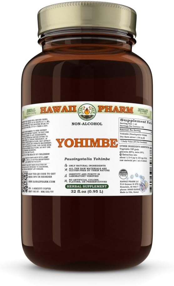 Yohimbe (Pausinystalia Yohimbe) Glycerite de bark uscat, Made in Hawaii, All Natural, Vegan, Lab Tested Alcool-Liquid Extract - 32 fl.oz