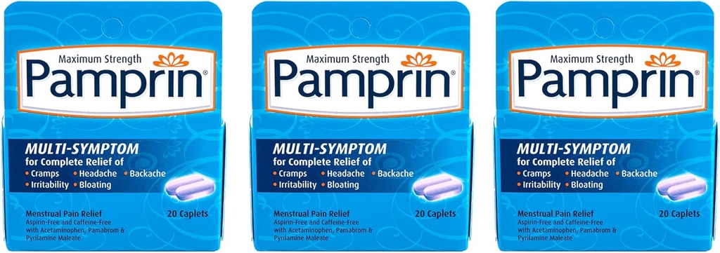 Pamprin Multi-Symptom Formula, cu Acetaminofen, Menstrual period Simptome Relief, 20 Caplete (Pachet de 3)