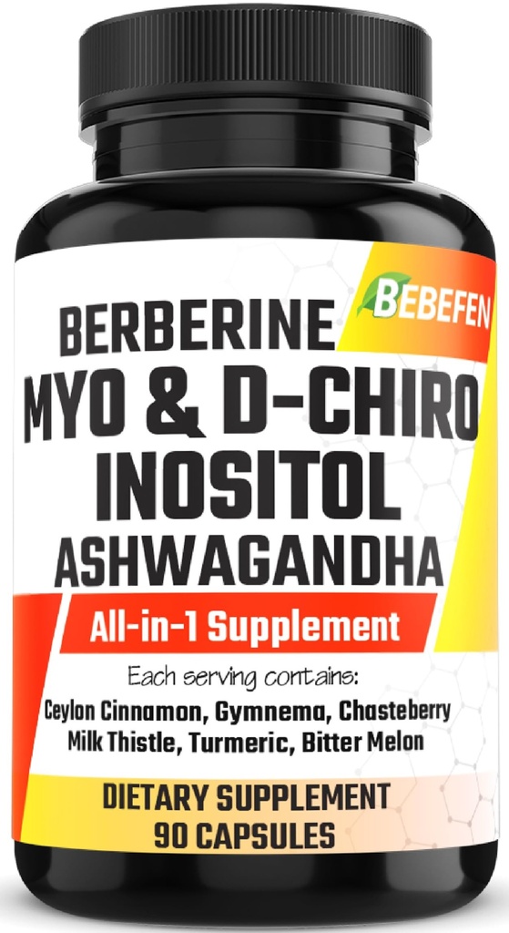 Myo-Inositol & D-Chiro Inositol Capsule cu Ashwagandha, Berberine, Scorțișoară, Gymnema, Chasteberry, Milk Thistle, Turmeric, Bitter Melon - 90 capsule