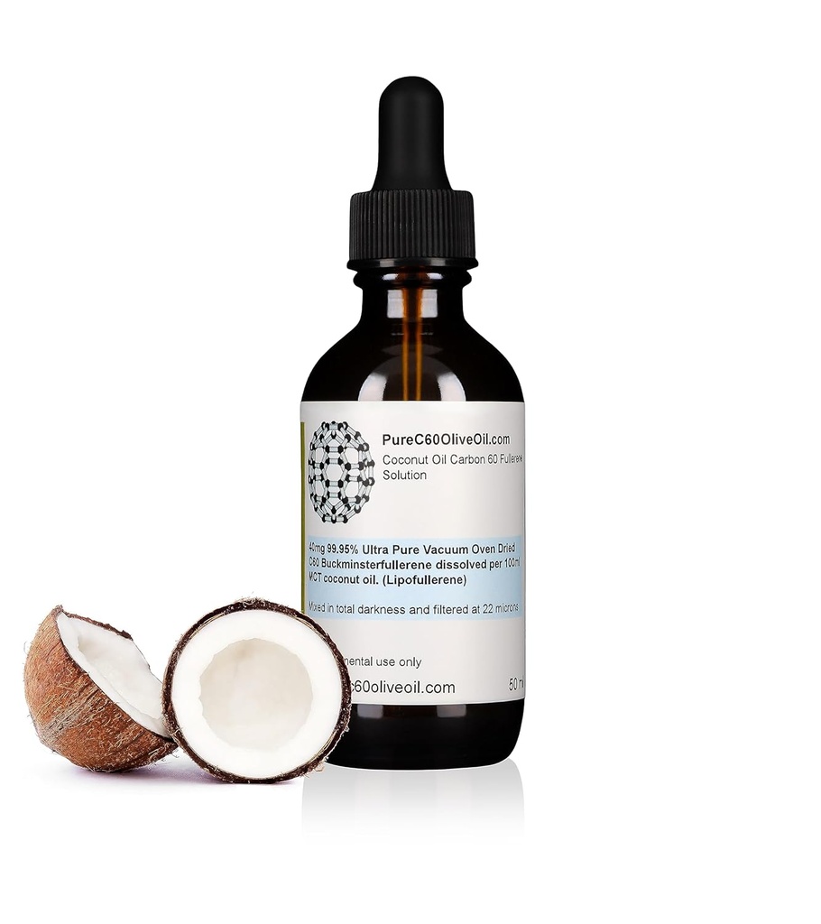 PureC60OliveOil C60 Organic MCT Ulei de cocos 50ml / 1.7 Fl Oz - 99,95% Carbon 60 Solvent Free 20mg - Amber Sticla de sticlă - Grad alimentar - Carbon 60 MCT Ulei de cocos - de la producătorul mondial de plumb