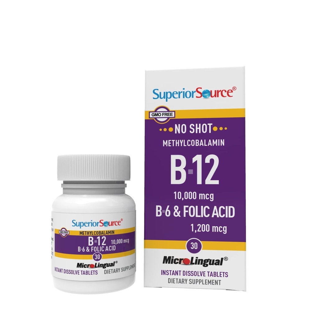 Sursă superioară Nu Shot Vitamina B-12 Methylcobalamină 10000 mcg, B-6 & Acid folic 1200 mcg - Suporturi Creier & Heart Health - SIDA Niveluri naturale de energie - 30 Tablete sublinguale de dissolvire