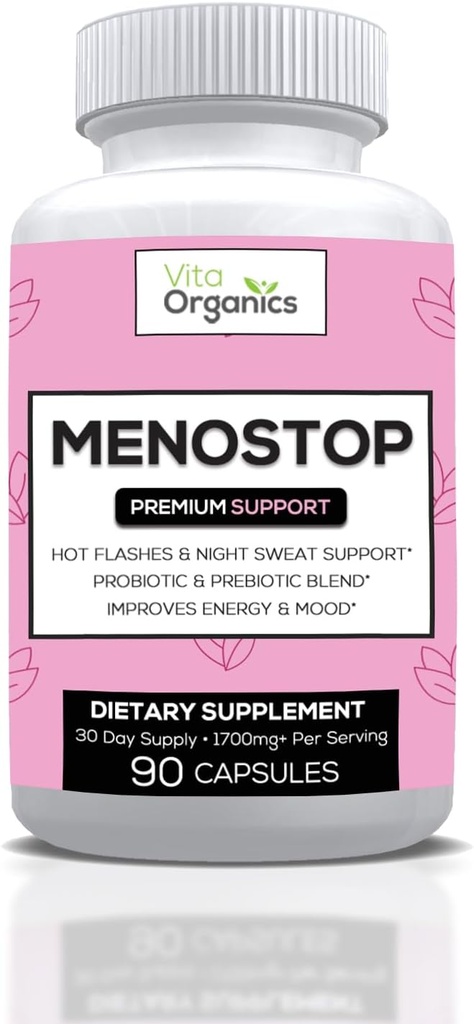 MenoStop - Hot Flashes și Menopause Support - Black Cohosh, Ashwagandha, Dong Quai, Prebiotic și Probiotic Blend - 30 de zile de aprovizionare