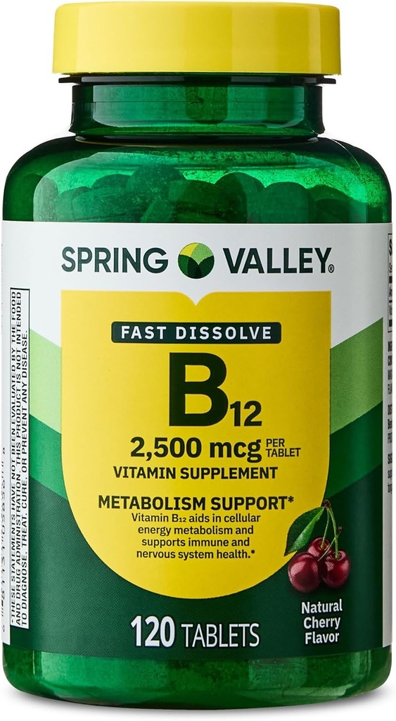 Vitamina B12 Comprimate rapid-dizolvare Supliment alimentar, 2.500 Mgg, Cherry, 120 Conte și Portable Pilula Container (2 elemente)