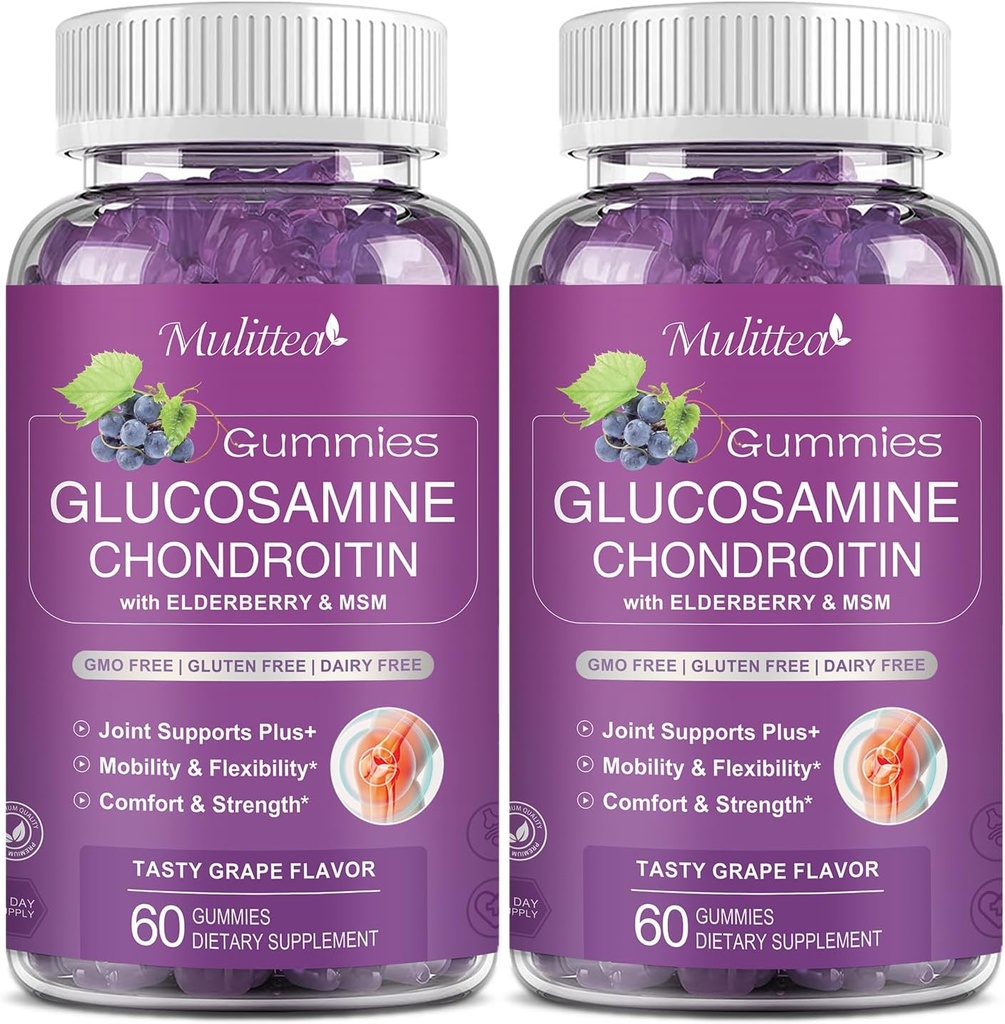 Mulittea Glucosamine Chondroitin Gumies - supliment suplimentar de sprijin comun cu MSM & Elderberry pentru comun natural, suport imun antioxidant pentru adulți, bărbați și femei-Sugar-Free (2 ambalaj)
