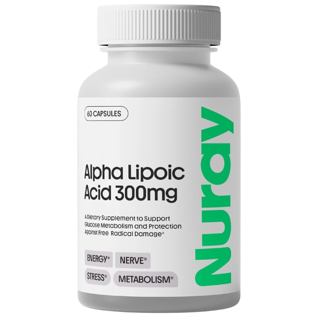 Nuray Alpha Acid lipoic 300mg - Supliment antioxidant pentru imbatranire sanatoasa, suporta productia de energie, functie nervoasa adecvata, metabolism - 60 Capsule vegetariene, Supliment alimentar gluten-liber