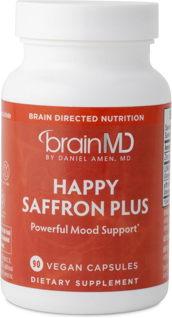 Dr Amen BrainMD Happy Saffron Plus - 90 capsule, pachet de 2 - Cu extract de flori de șofran, Curcumin & Zinc - Vegan, Gluten gratuit - 60 total serviri