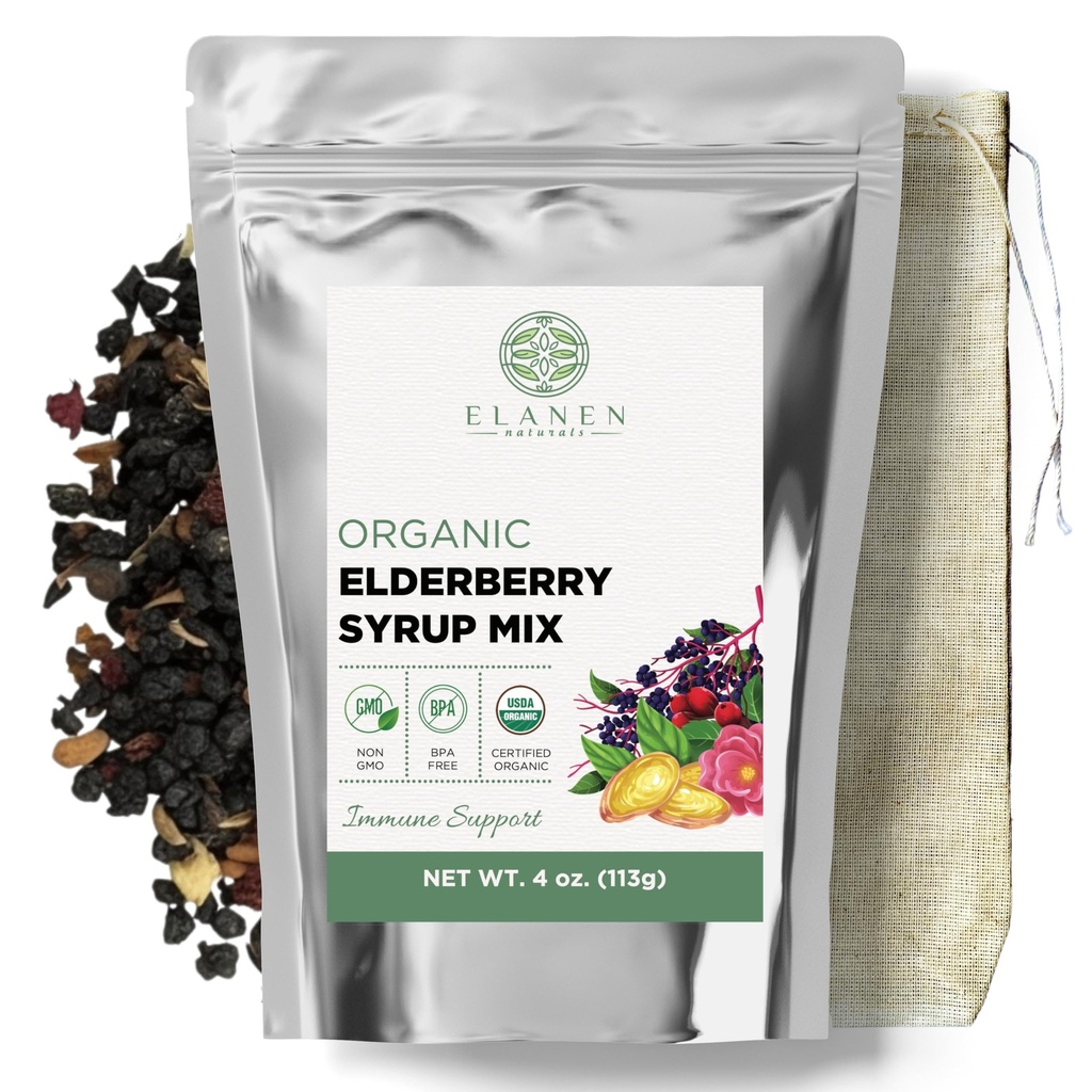 Elan Naturals Organic Elderberry Syrup Kit, Makes până la 24 oz, Includes Natural Cotton Brew Bag, USDA Certified Organic Elderberberries and Immune Support Herbs, Bulk Kit, 4 oz. (113g)