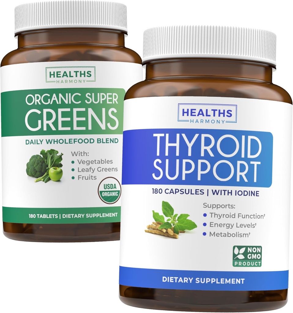 Super Greens & Suport tiroidian (3-Lonth Supply) Vitality Tiroidal Bundle of Organic Super Greens Powder - Complet Superfood (180 capsule) & Suport tiroidian pentru bărbați și femei (Non-GMO)(180 Capsule)