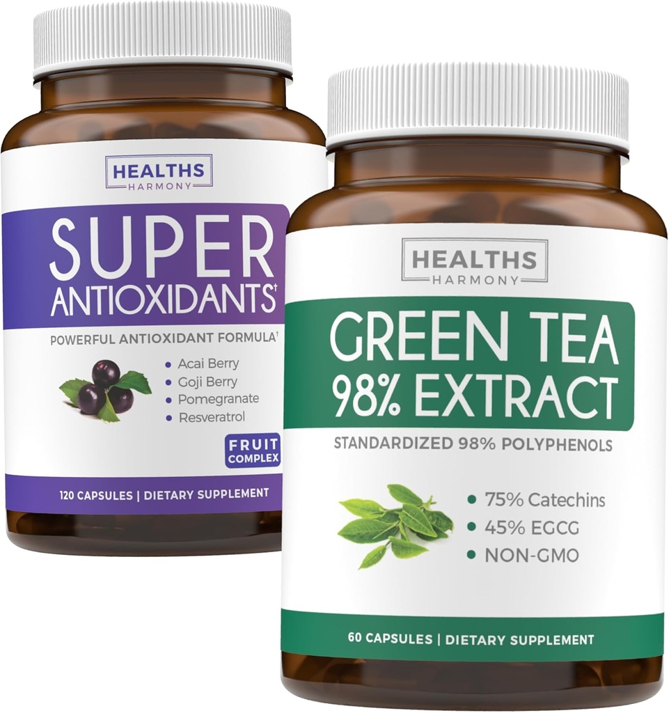 Antioxidanți și extract de ceai verde (1-Lonth Supply) Fuziune verde antioxidantă - Super Antioxidanți - Super Food Daily Blend puternic (120 Caps) și extract de ceai verde cu Catechini EGCG Polyfenol (60 Caps)