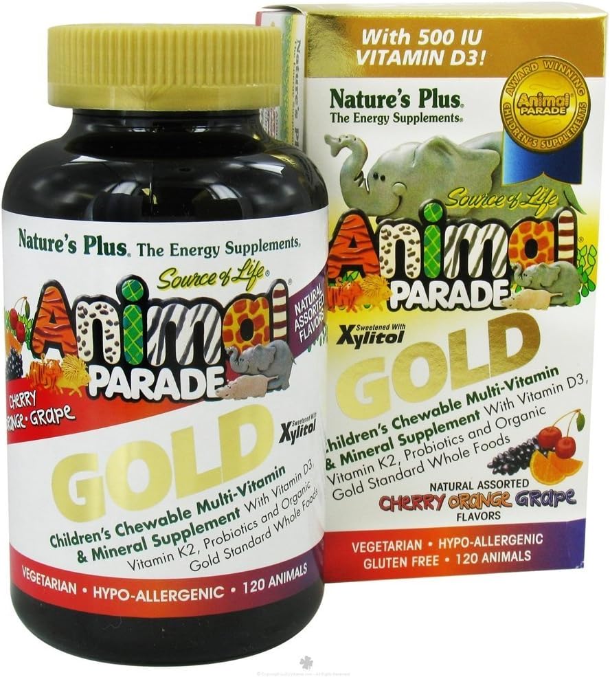 NaturasPlus Parade animale aur multivitamine pentru copii - Cherry asortate, Orange & Aroma de struguri - 120 comprimate masticabile cu model de animale, Pachet de 2 - Vegan, Gluten gratuit - 120 Serviri totale