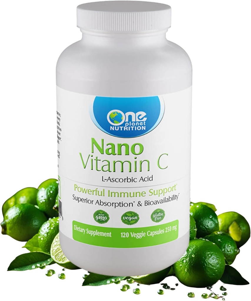 O planetă Nutriție Nano Vitamina C - Apă Solubil Vitamina C pentru bărbați și femei, Natural non-GMO Vitamina C pentru suport imunitar, Absorbție bună și biodisponibilitatea, Vitamina C capsule mici, 120 capsule