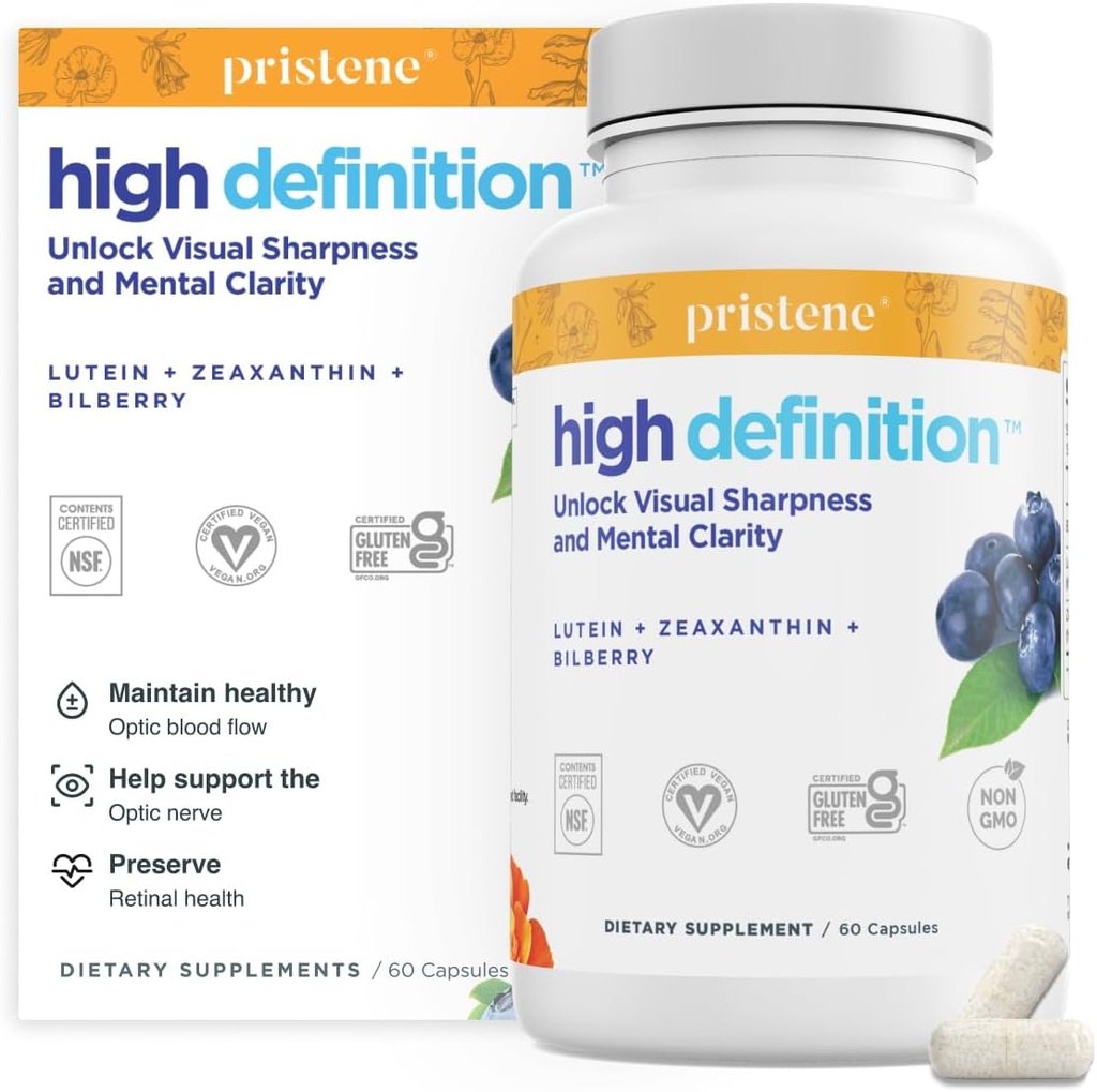 De înaltă definiție Creier + Vitamine ochi pentru memorie, Focus & Concentrare, Lutein & Zeaxantină (25mg/5mg) pentru a proteja ochii de lumină albastră și ecrane, Supliment de bilberry pentru ochi pentru a sprijini BDNF