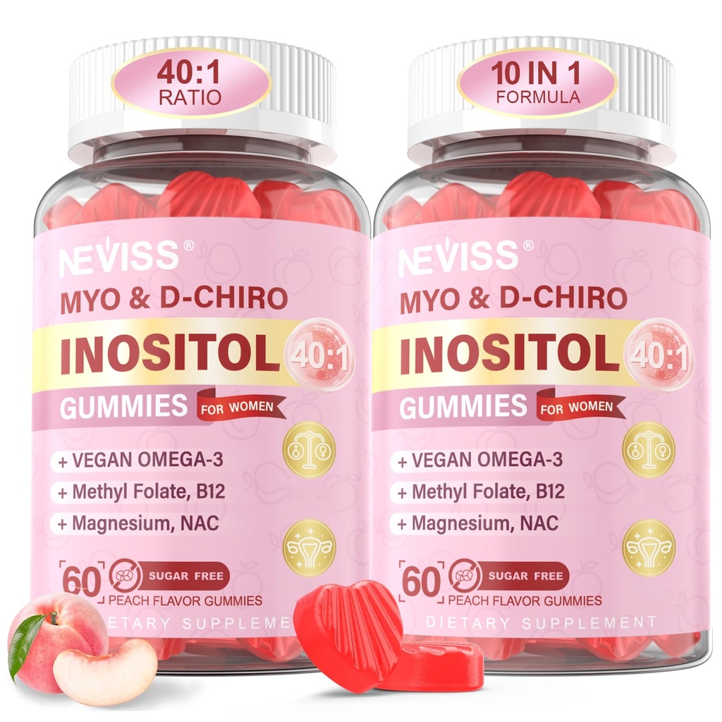 Myo-Inositol & D-Chiro Inositol Gumies for Women 2000mg + 50mg, 40:1 Ratio Inositol with Vegan Omega-3 + D3, Magneziu Glycinat, Folat de metil + B12 for Female Health & Wellness, Sugar Free, 120 Cts