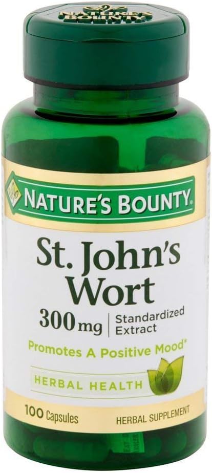Natura Bounty St.John's Wort Pills and Herbal Health Supplement, Promovează o stare de spirit pozitivă, capsule de 300 mg, 100 Conte, Pachet de 2