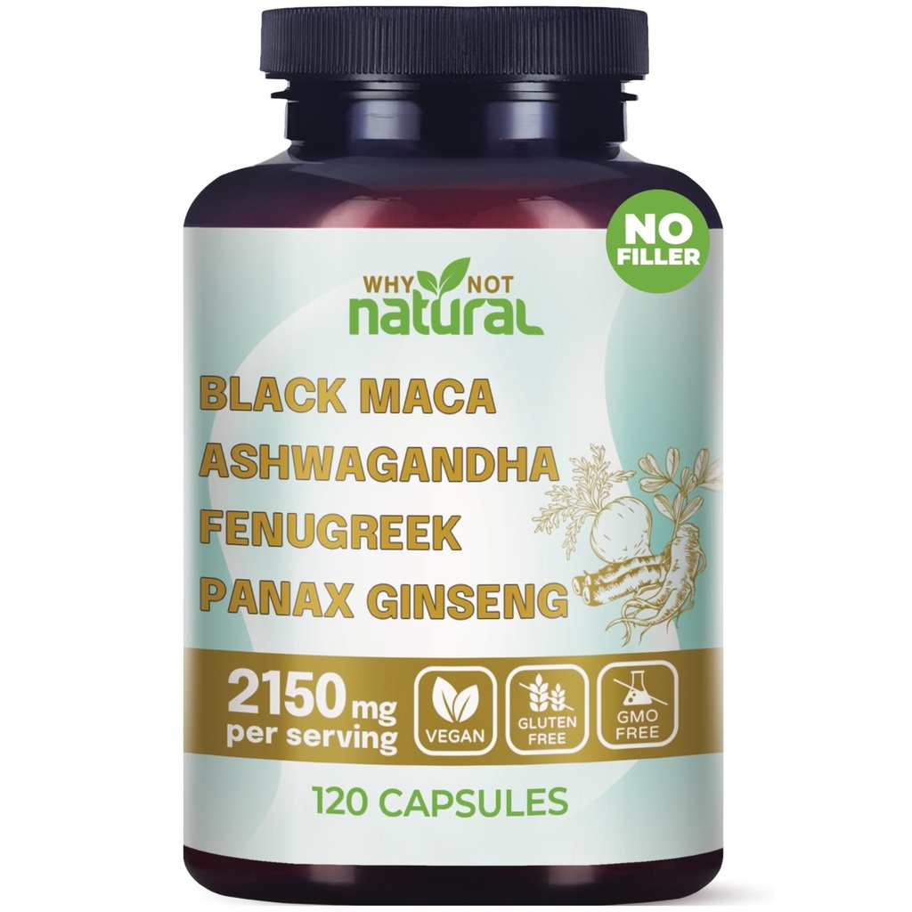 De ce nu Natural 4-in-1 negru organic Maca Root, Ashwagandha, Schinduf, Panax Ginseng Capsule, Supliment pentru bărbaţi şi femei