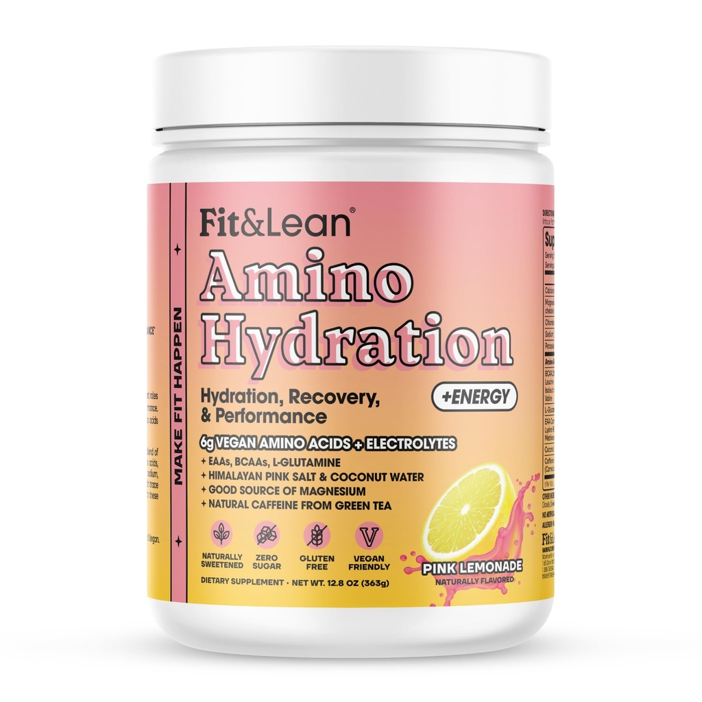 Fit & Lean Amino Hydration Plus Energy, Pre Workout Powder, 6g Vegan Essential Amino Acids, EAA, BCAA, Glutamina, Electroliti si Cafeina Naturala, Roz Lemonade, 30 Serveste