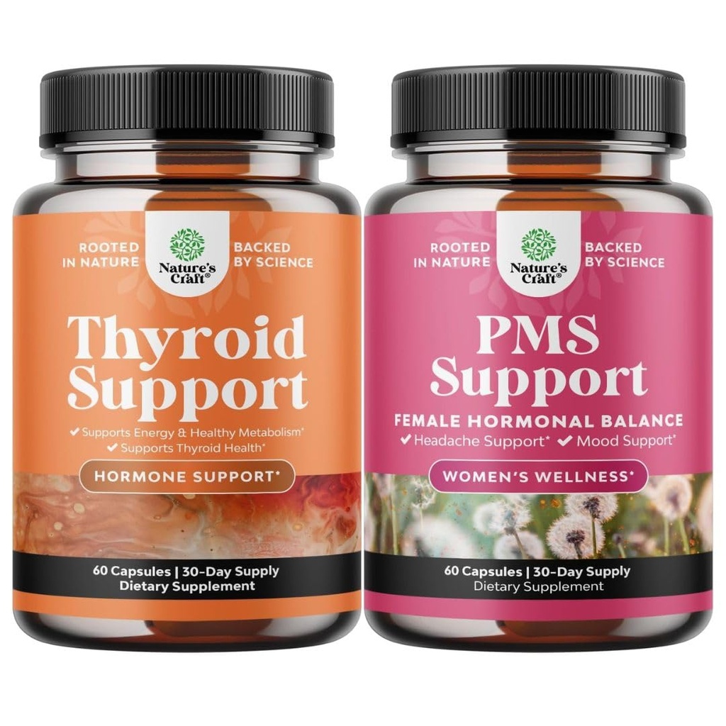 Bundle de suport tiroida Herbal Complex si Herbal PMS Supplement Supplement pentru femei - Consolator de energie pentru sanatatea tiroidiana - Complex de echilibru feminin cu vitamine PMS pentru femei