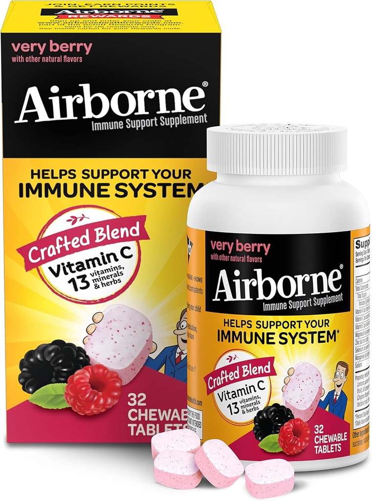 Vitamina C 1000mg (per Serving) Comprimate foarte Berry Chewable (32 Conte într-o cutie), Gluten-Free Immune Supplement, cu vitamine A C E, ZINC, Seleniu, Echinacea & Ginger, Antioxidanti