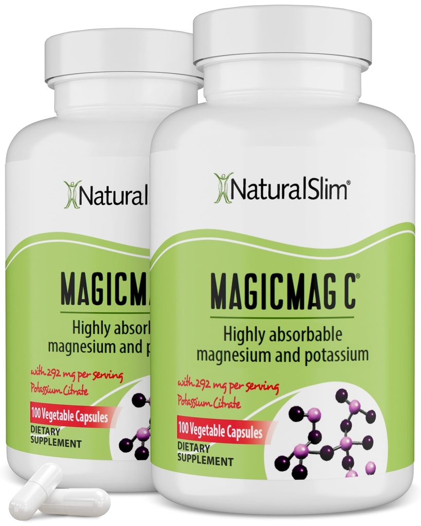 MagicMag C de NaturalSlim, Citrate de magneziu cu potasiu pentru relaxare musculară, Calitate de somn, Funcţie nervoasă şi suport electrolit, Supliment de magneziu zilnic pentru bărbaţi şi femei, 100 Capsule 2pk