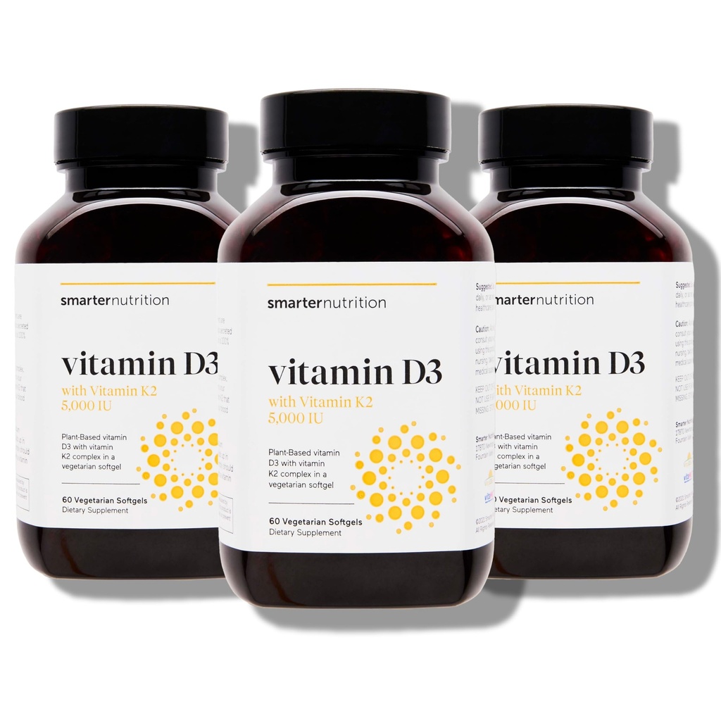 SMARTERNUTRIŢIE Vitamină Vegană D3 5000 UI + Vitamină naturală K2 1100 mcg în ulei organic de cocos şi măsline - D3 K2 Supliment pentru suport imun şi osos - 180 Softgels[90 zi de aprovizionare]