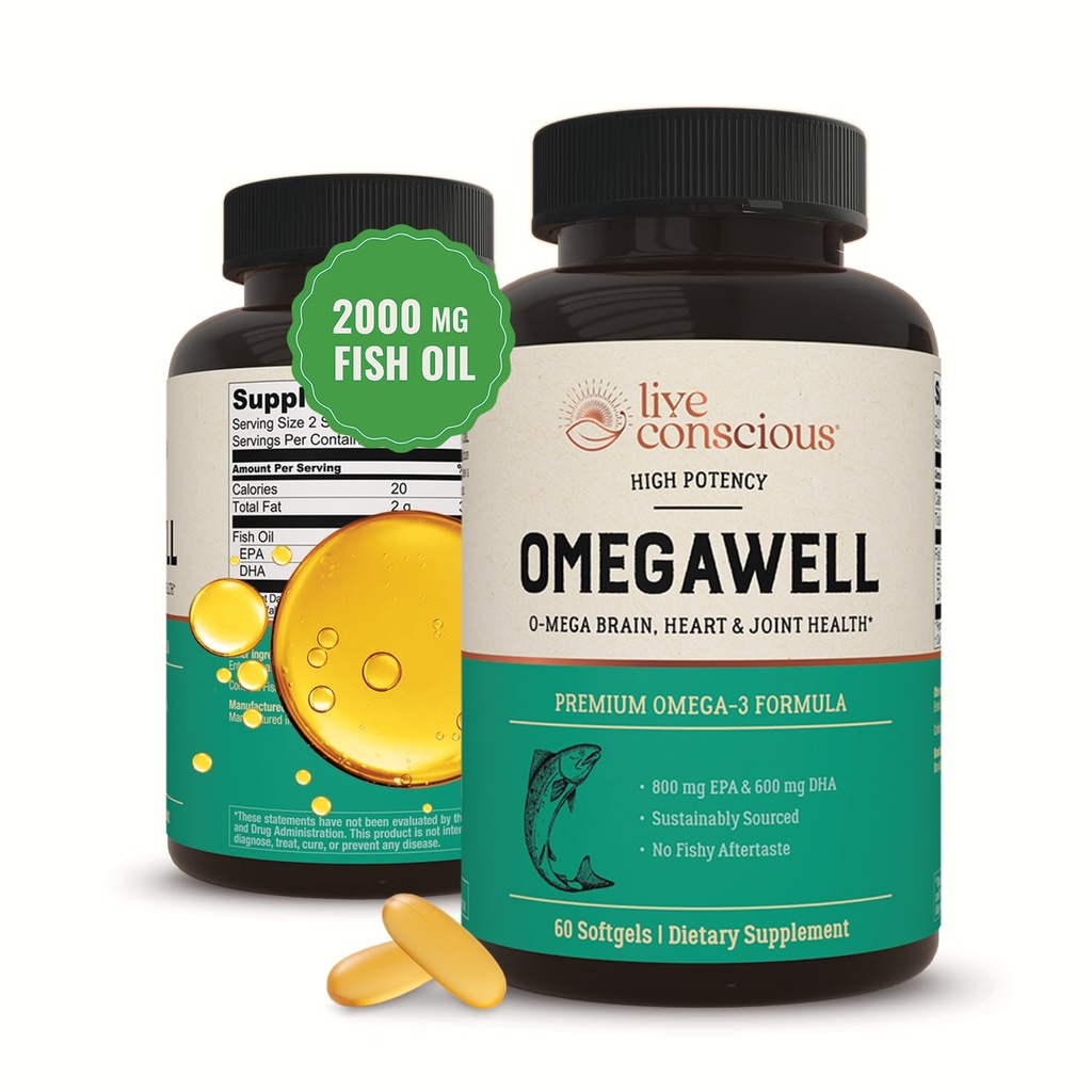 OmegaWell Omega 3 Omega 3 Ulei de pește - 2000mg Capsule: inimă, creier, și suport comun - 800 mg EPA 600 mg DHA - Sustenabil surse - Softgels - 30 zile de aprovizionare