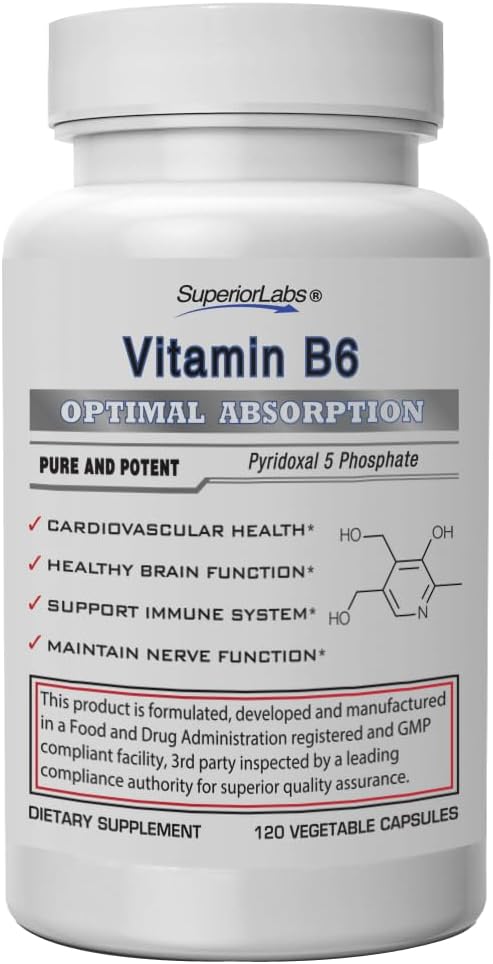 Superior Labs Vitamina B6 50mg, Pure non-GMO Supliment, Absorbție ridicată, Sprijină Sistemul imunitar și nervos, Funcția creierului, Metabolizare & Heart Health, esențiale pentru producția de hemoglobină, 120 Veg Caps