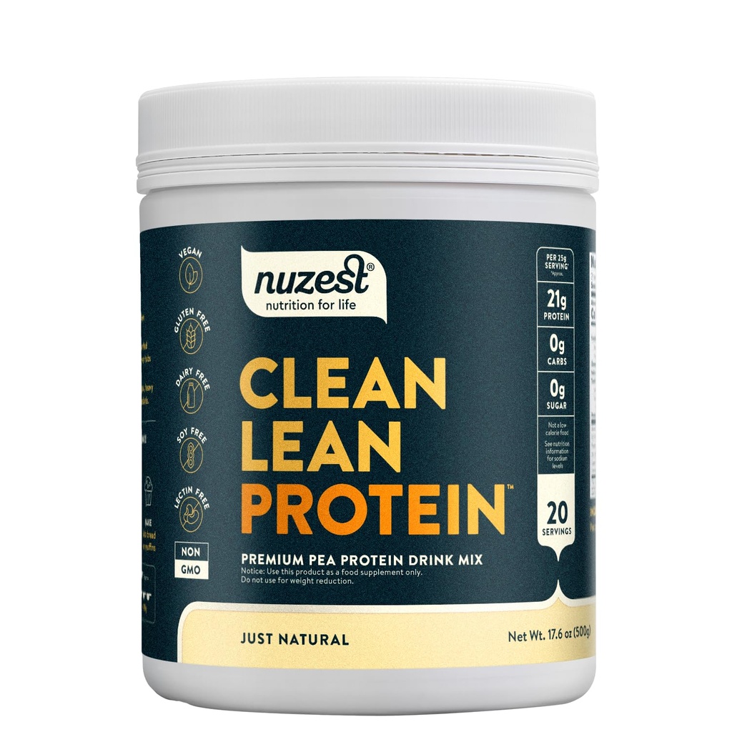 Nuzest - Pudră de proteine de mazăre - Proteină de bază curată, Praf de proteine pe bază de plante Vegan Premium, lactate fără gluten, fără OMG-uri, Shake de proteine, doar naturale (UNFLAVORED), 20 Serviri, 1.1 lb