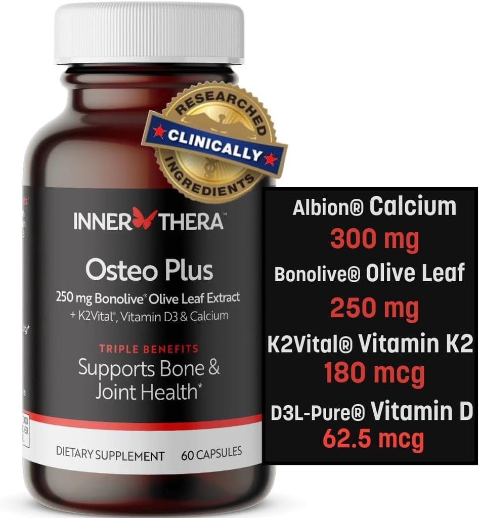 Osteo Plus 4-in-1 Supliment complet - Calciu cu vitamina D3, K2 si Bonolive - Suporturi imbatranire sanatoasa - Gluten-free, non-GMO, Vegan (60 Conte)
