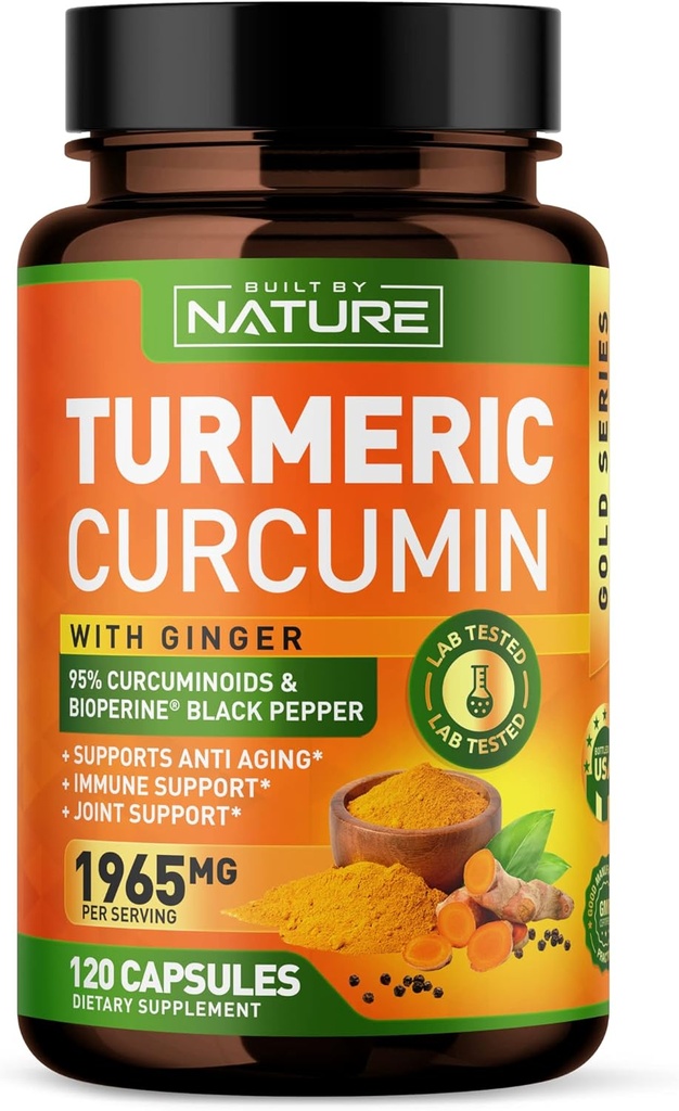 Curcumină cucurcumină cucurcumină 1965mg cu extract de ardei negru ghimbir & BioPerine - Absorbție ridicată 95% Curcuminoide pentru suport comun și antioxidant - non-GMO, gluten-gratuit, Vegan - 120 capsule supliment vegetal