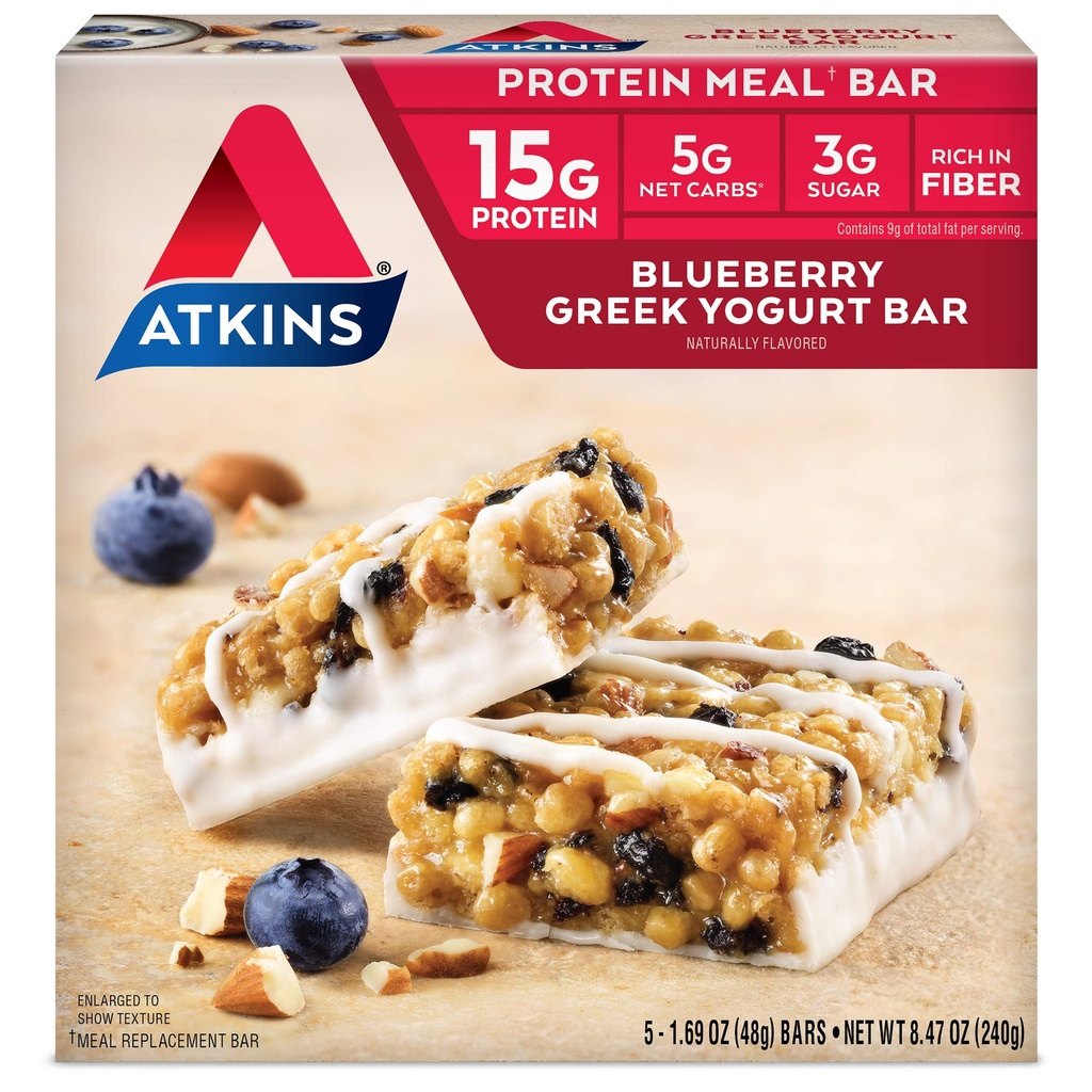 Atkins Blueberry Greek Yogurt Protein Meal Bar, High Fiber, 15g Proteine, 3g Zahăr, 5g Net carbohidrati, Mese de înlocuire, Keto Friendly, 5 Conte