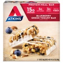 Atkins Blueberry Greek Yogurt Protein Meal Bar, High Fiber, 15g Proteine, 3g Zahăr, 5g Net carbohidrati, Mese de înlocuire, Keto Friendly, 5 Conte